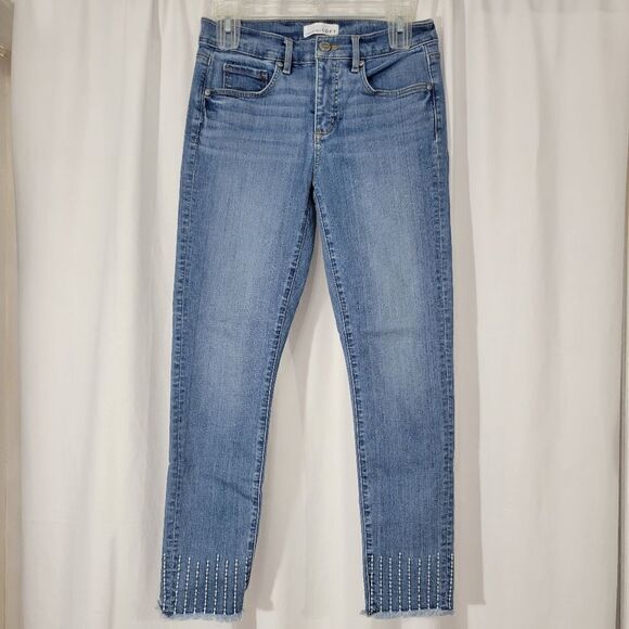 Loft Jeans Modern Skinny Crop Blue Medium Wash Raw Hem Embroidered Hem - Picture 8 of 10